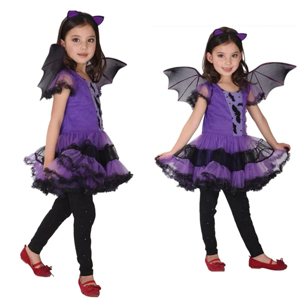 NWT Girls Bat Witch‎ Costume Halloween Cosplay Fancy Dress Up with Bat Wings L